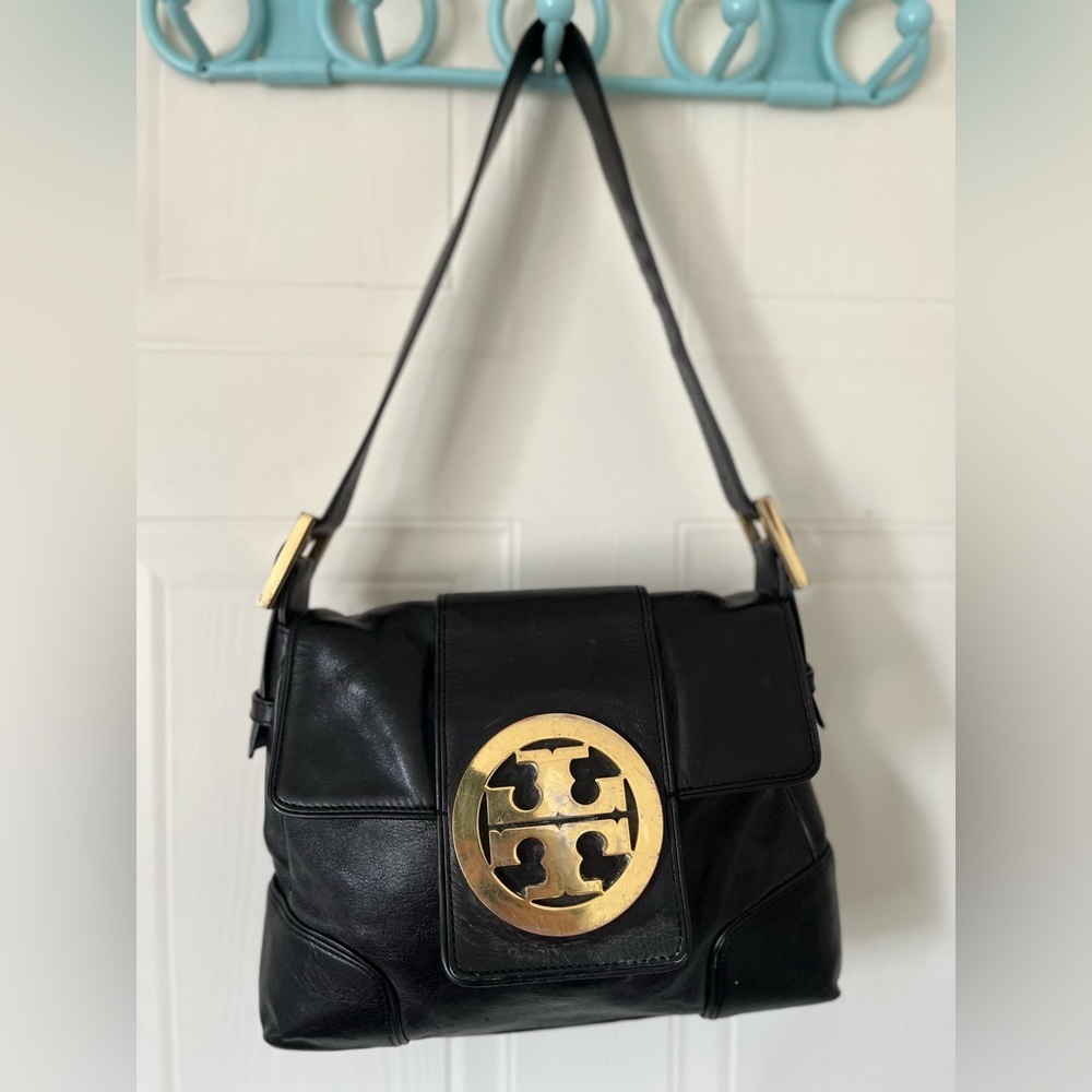 Tory Burch Vintage Black Leather Shoulder Bag with large logo